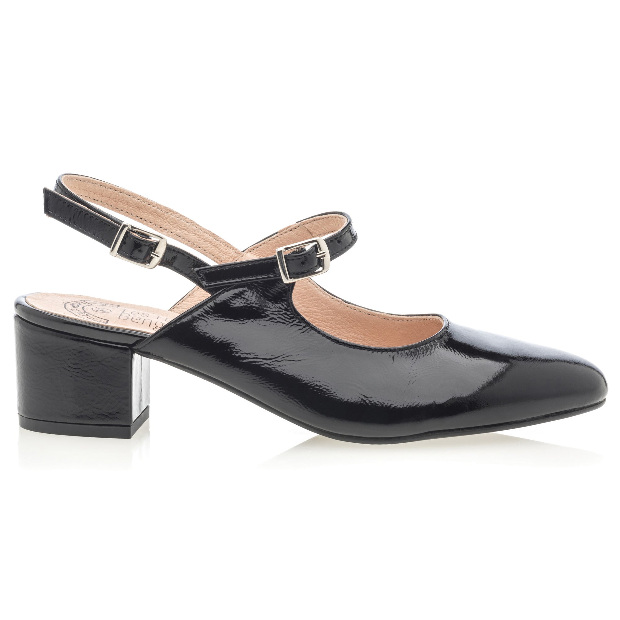 Escarpins avec bride arrière à talon compensé Femme en cuir noir vernis