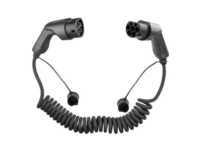 DELTACO e-Charge spiral ladekabel til elbil type 2 stik - 16A - Optil 11 kW - 3-5 meter
