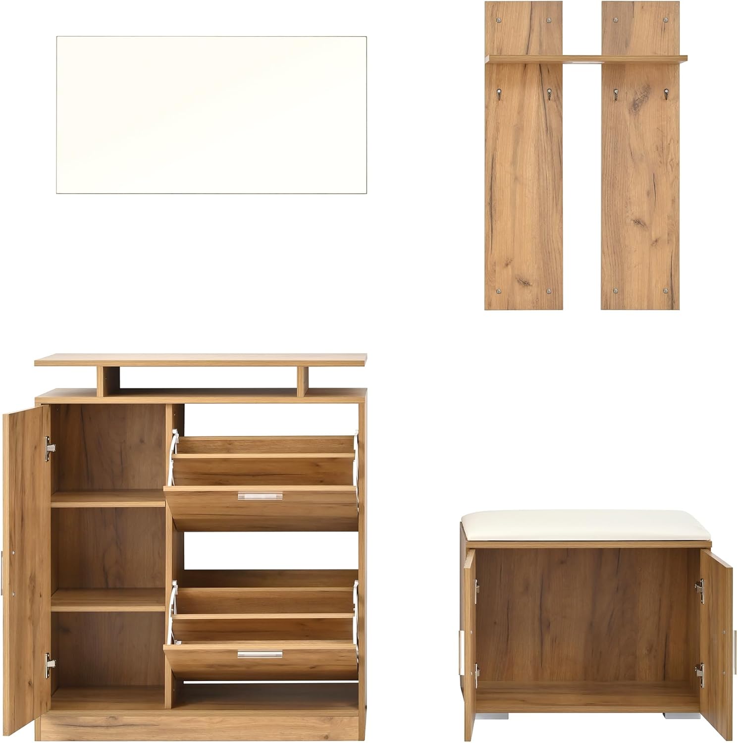Merax Flurgarderobe Garderobenschrank Flur, Wandgarderobe Garderobenset mit Schuhbank und Schuhschrank, 1 Spiegel, 4 Haken, 5 Türen, Naturholzfarbe, 140×35×133 cm