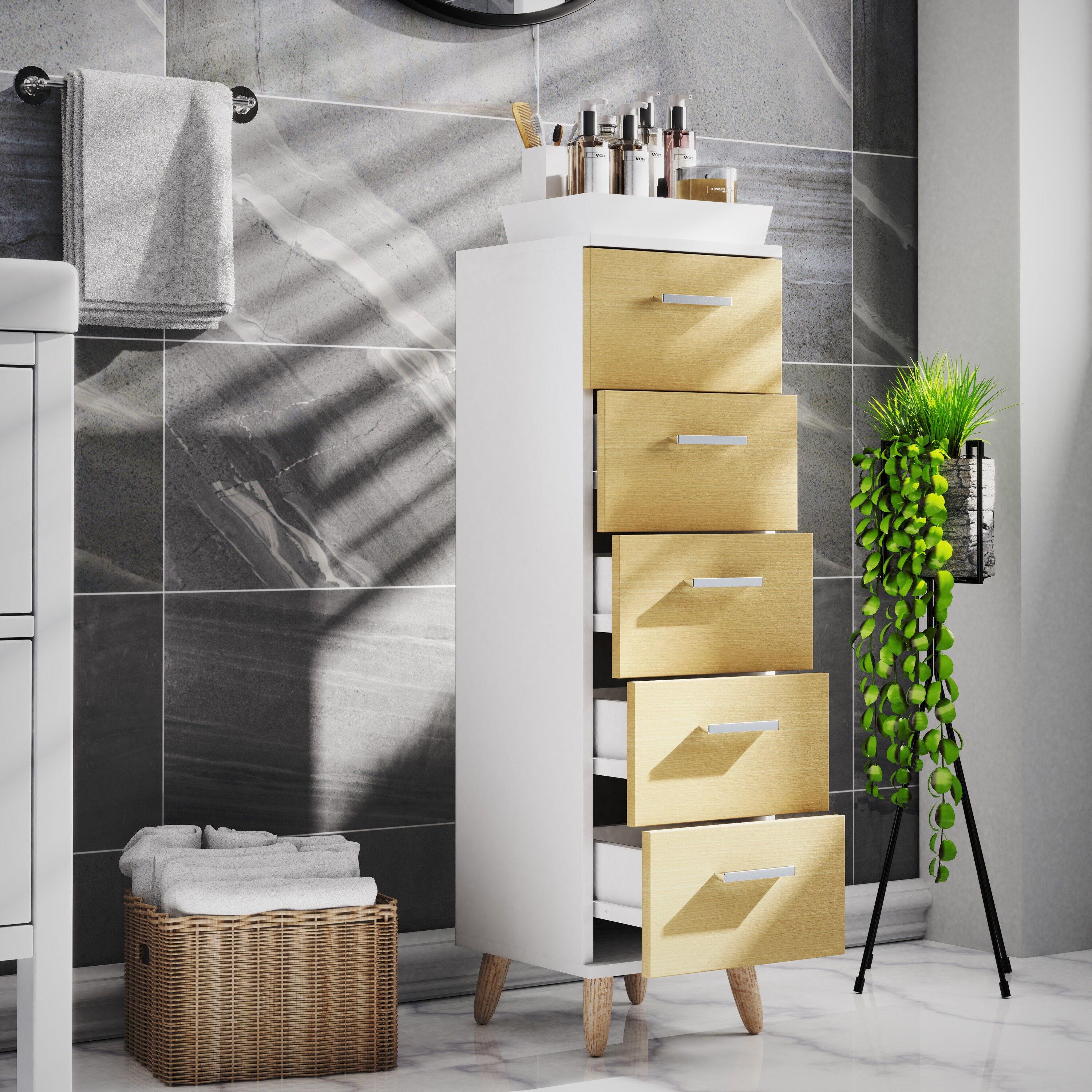 VCM Badmöbel Midischrank Badregal Badschrank Badezimmer Kommode 5 Schubladen Landos M