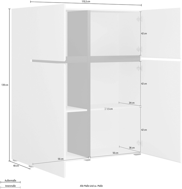 INOSIGN Highboard »Cross, moderne grifflose Hochkommode mit 4 Türen,Türkommode« Hochschrank, Höhe 139 cm mit viel Stauraum, Einlegeböden verstellbar