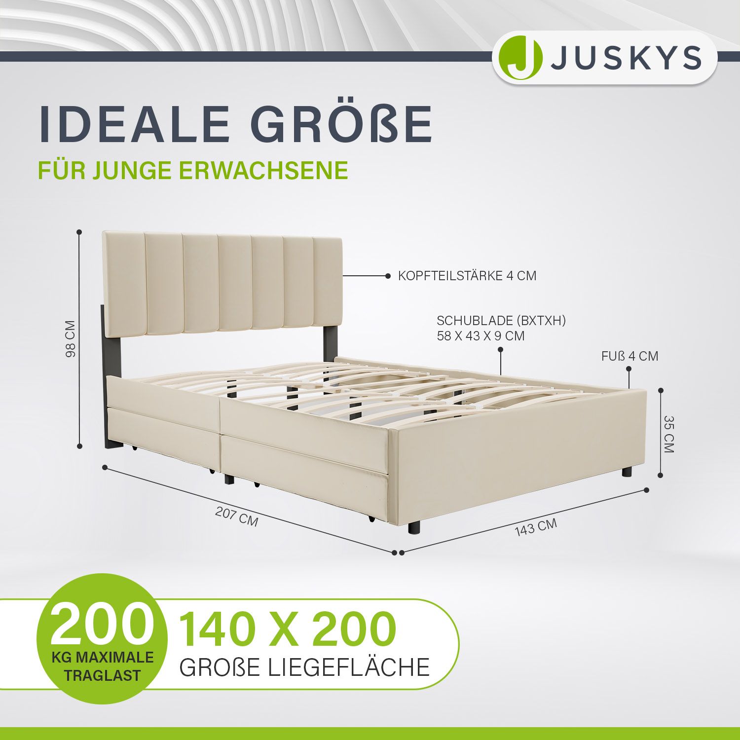 Juskys Samt Polsterbett Soria 140x200 cm mit Lattenrost, Kopfteil & Schubladen - modernes Bett Beige