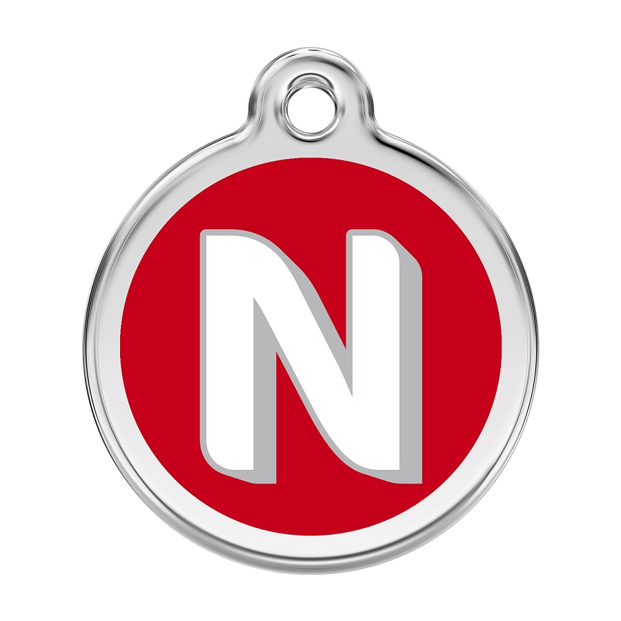Placa de identificação para cães em aço inoxidável esmaltado com a letra N do alfabeto, vermelha.