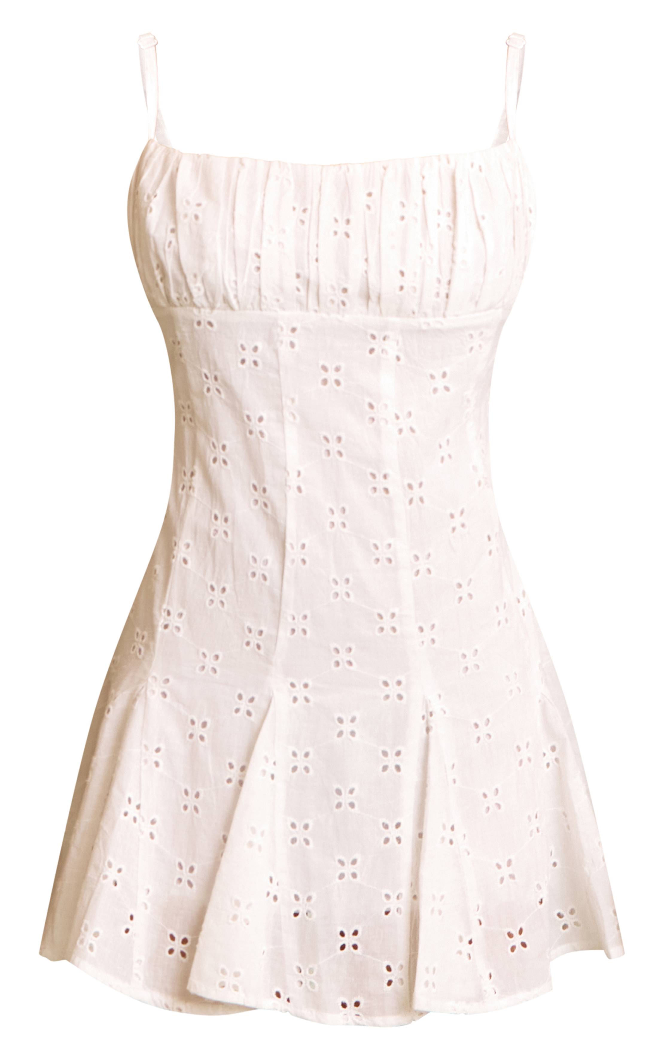 Blanc Robe Droite Plissée À Bretelles En Broderie Anglaise