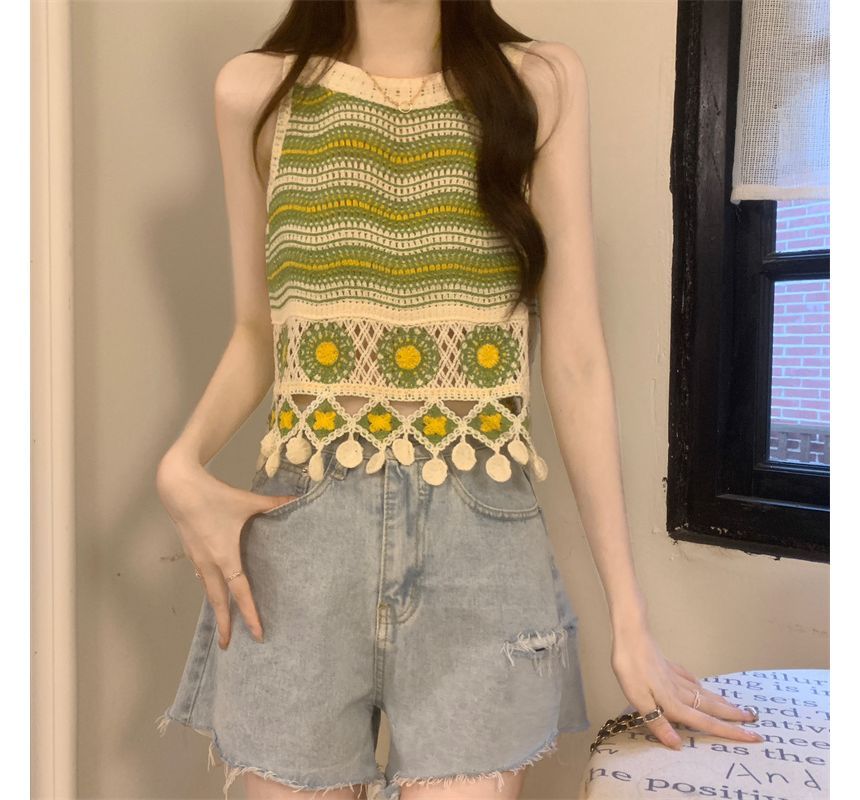 Shinsei - Gebreide camisole top met bloemenborduursel en kant