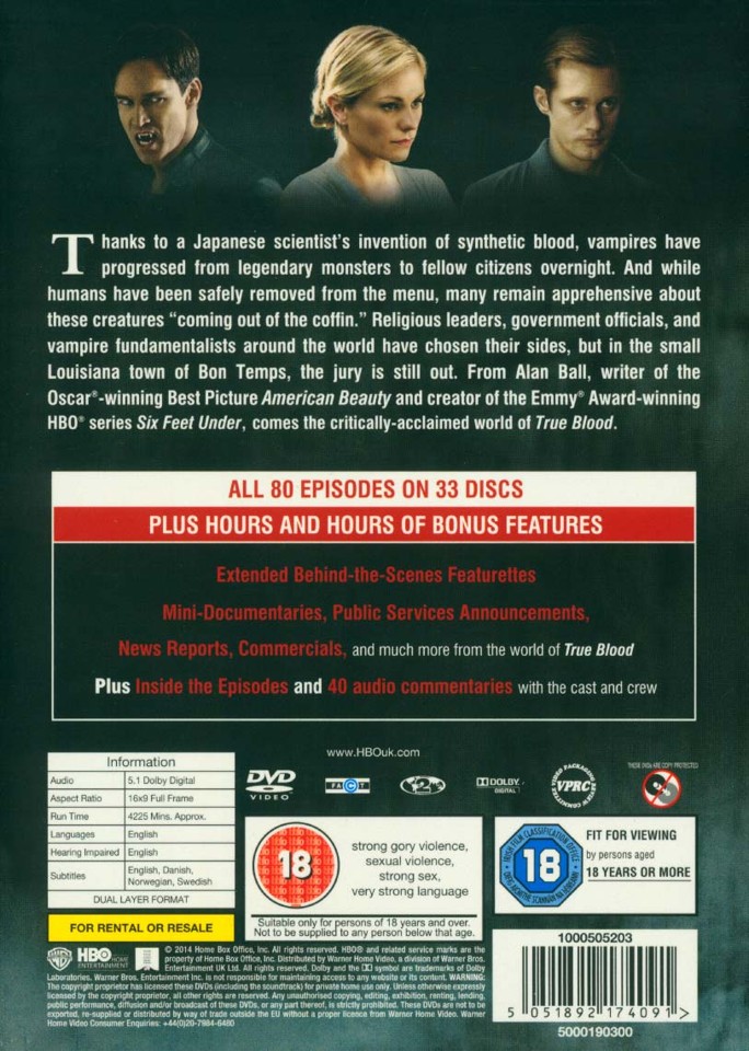 True Blood Seasons 1 to 7 Complete Collection DVD - Subtitles Danish. Swedish. Norwegian. English