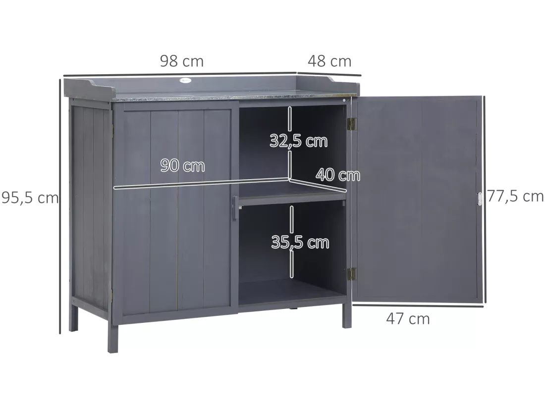 Armoire de rangement de jardin sur pied, table de rempotage 2 en 1 double porte, étagère, plateau métal galvanisé - bois sapin gris