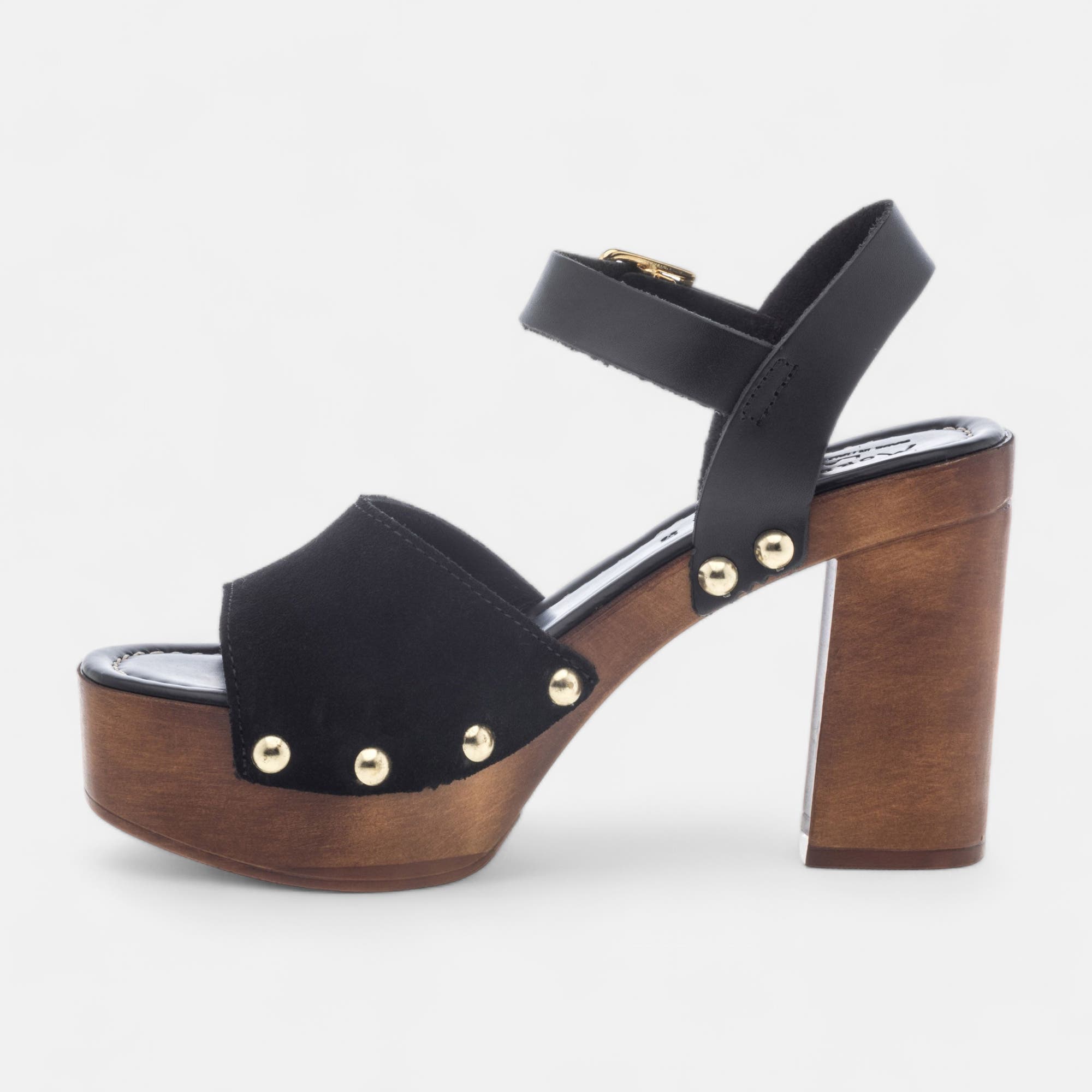 Chaussures semelle bois à talon Femme en cuir noir
