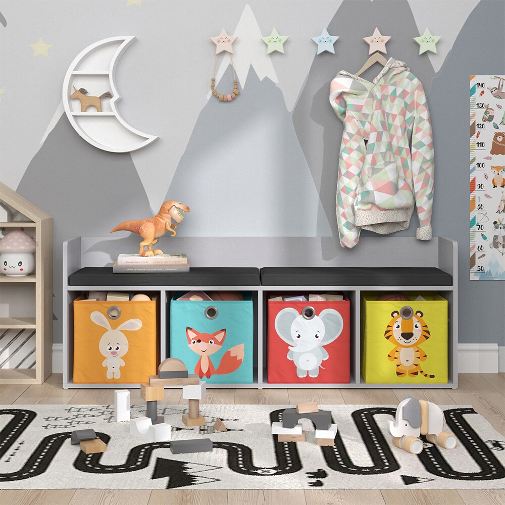 Vicco Sitzbank Kinderzimmerbank Kinderregal Luigi Hellgrau 142x53 cm modern Faltbox Kinderzimmer Regal Aufbewahrungsregal Bücherregal Lesebank Spielzeugaufbewahrung Organizer Regal-Bank-Kombi 4 Fächer