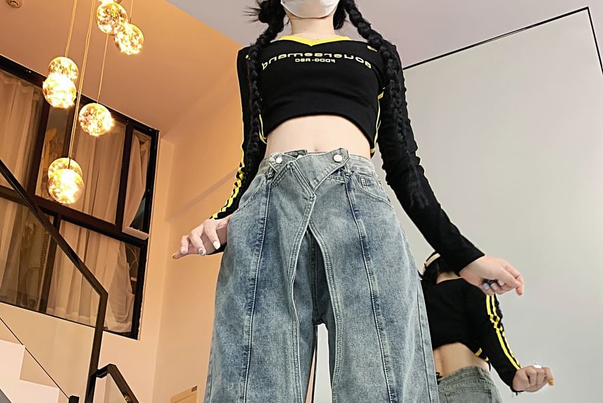 Shineon Studio - Mid Waist Washed Panel Loose Fit Jeans