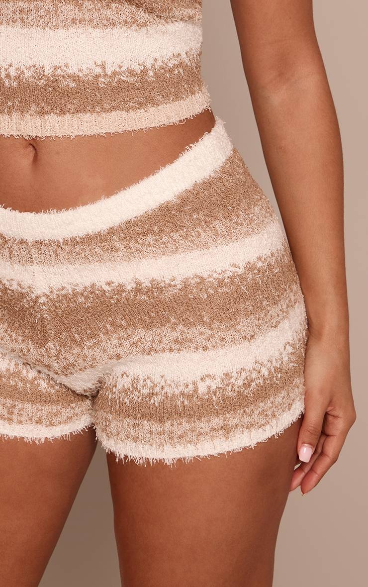 Beige Short Mini Ajusté En Maille Brossée À Rayures Petite