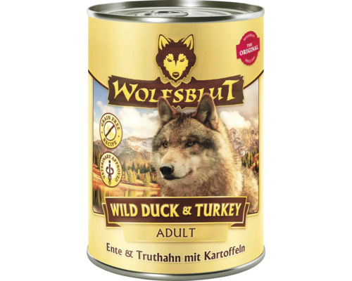 WOLFSBLUT Wilde Eend & Kalkoen Natvoer voor volwassen honden, eend en kalkoen met aardappelen, met waardevolle superfoods, graanvrij, glutenvrij, 395 g