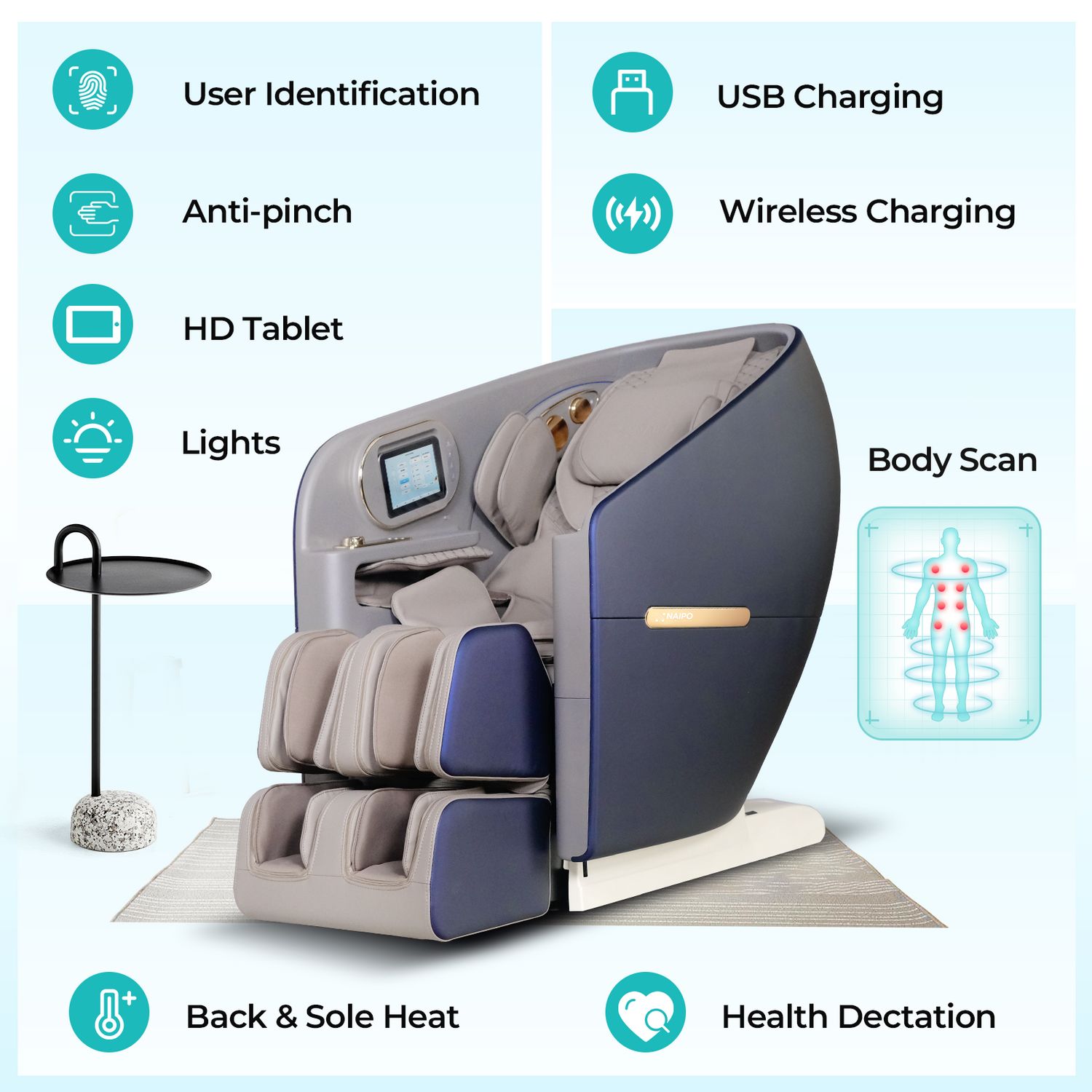 Naipo Massagesessel 4D HIGH-END Massagestuhl, Tablett, Aromatherapie, Raumkapsel-Design BLAU
