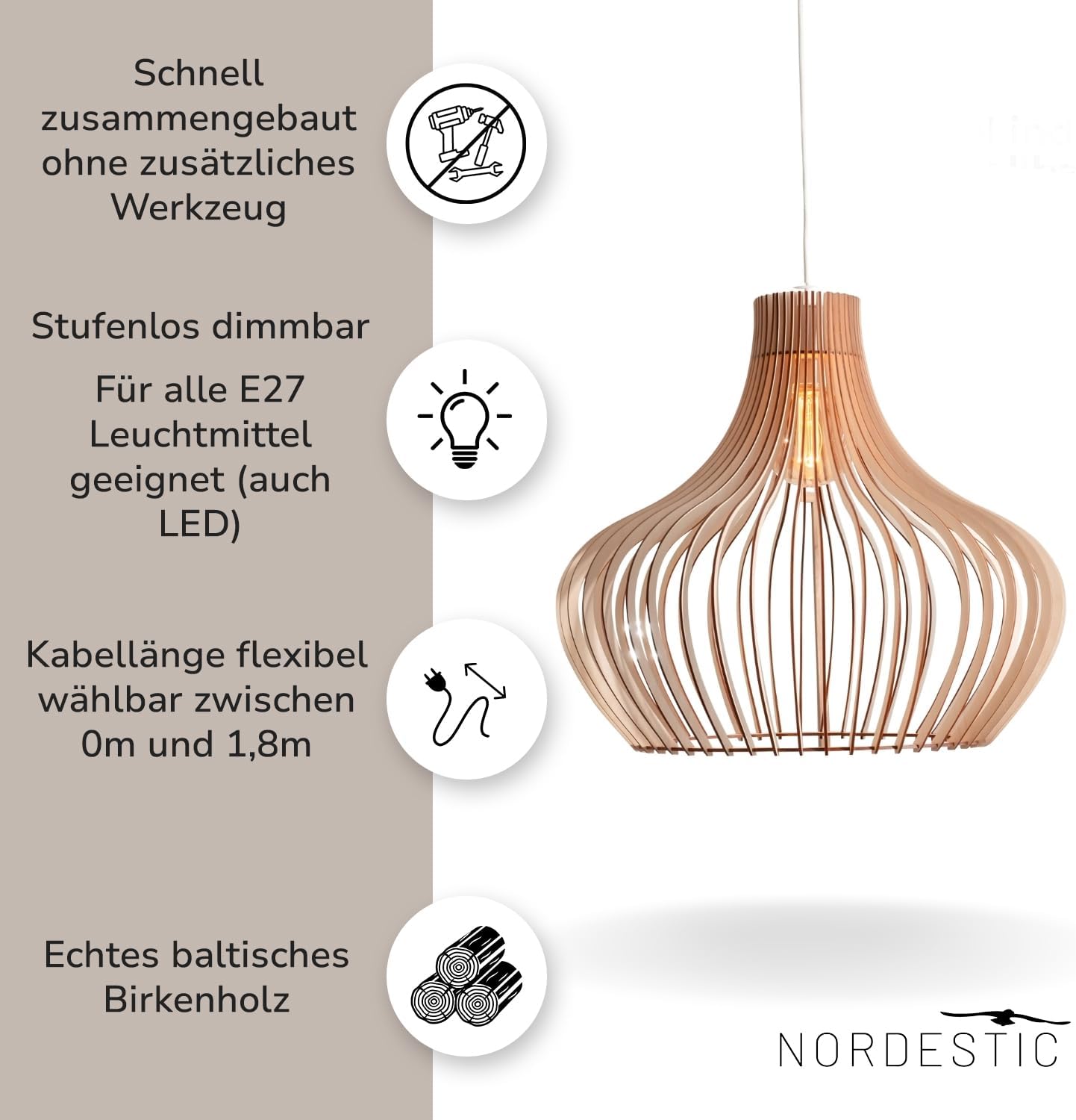 Pendelleuchte Holz „Iduna“, skandinavische Hängelampe Esstisch + Wohnzimmer, Boho Hängeleuchte höhenverstellbar + dimmbar mit E27 Fassung (Höhe x Durchmesser 40 cm x 45 cm)