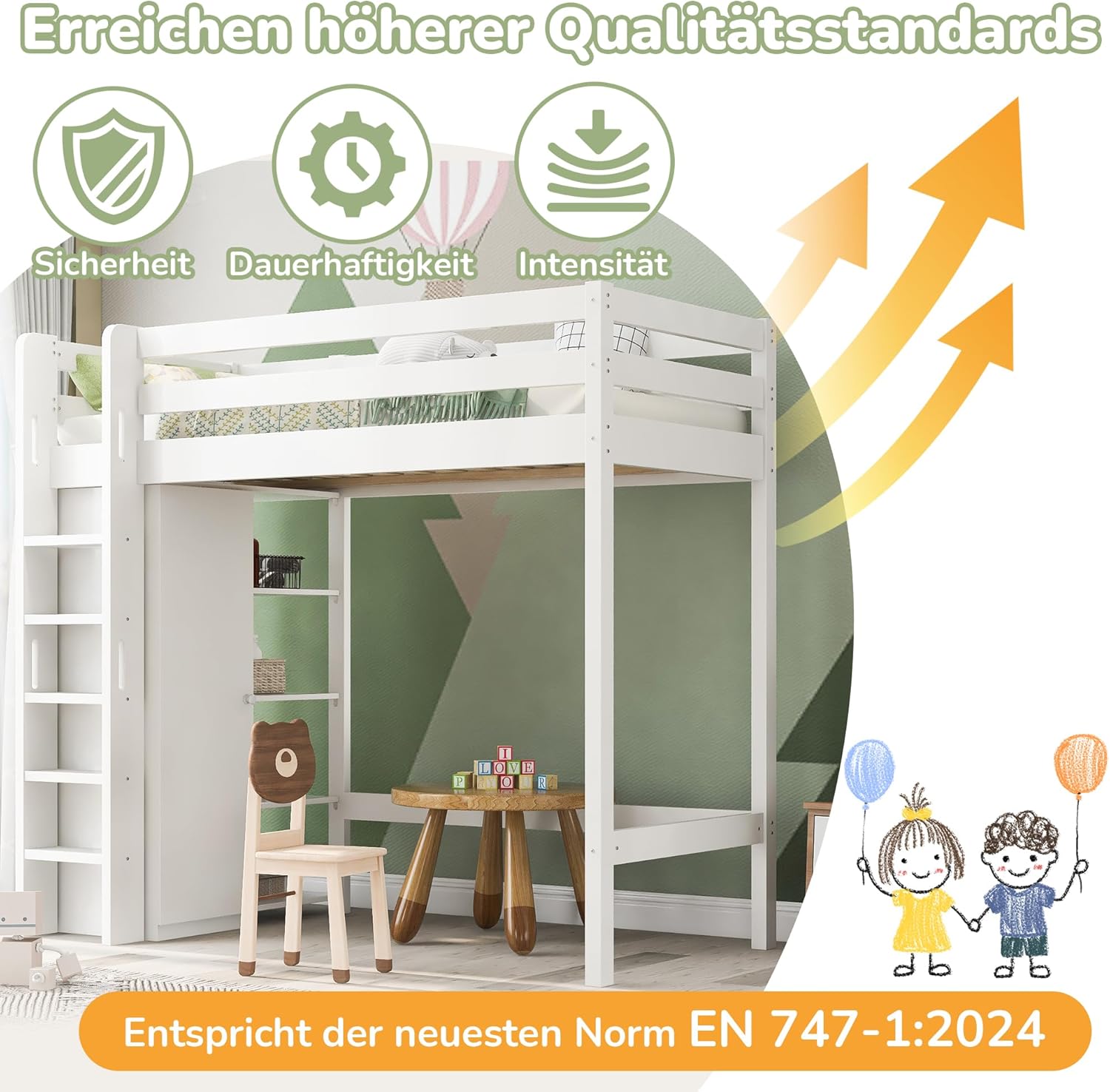 Kinderbett Hochbett 90x200 cm Weiß mit Kleiderschrank | Etagenbett mit 6 Regalen & Schreibtisch unter dem Bett | Hochbett, EN 747-1 zertifiziert & kippsicher | Loftbett aus Massivholz(ohne Matratze)