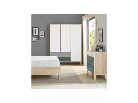 Armoire 3 portes 2 tiroirs Chêne blond/Bleu/Blanc - ESMEY