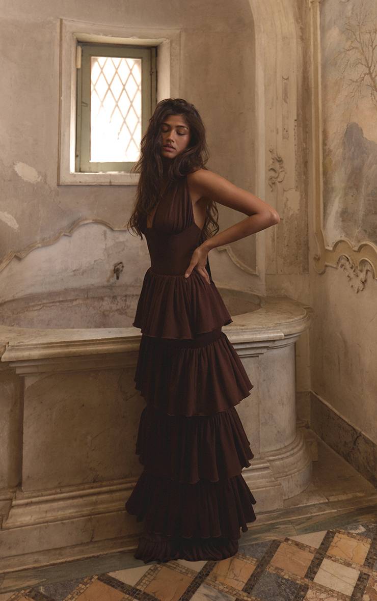 Chocolate Brown Jupe Maxi Étagée À Queue De Poisson En Tissu Slinky Plt Label Co-ord