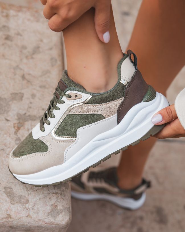 Basket femme kaki et beige à lacets - Bettina