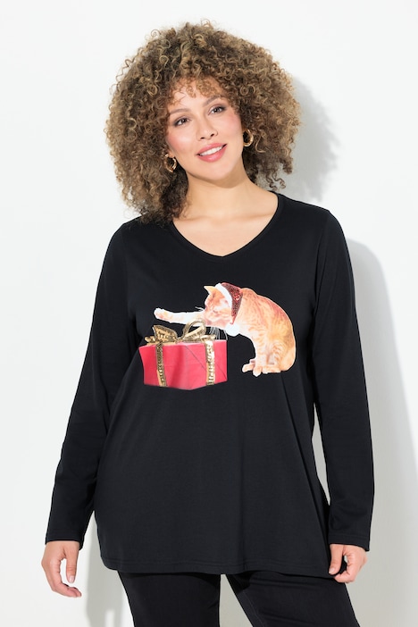 Weihnachtsshirt, Katze, A-Linie, V-Ausschnitt, Langarm