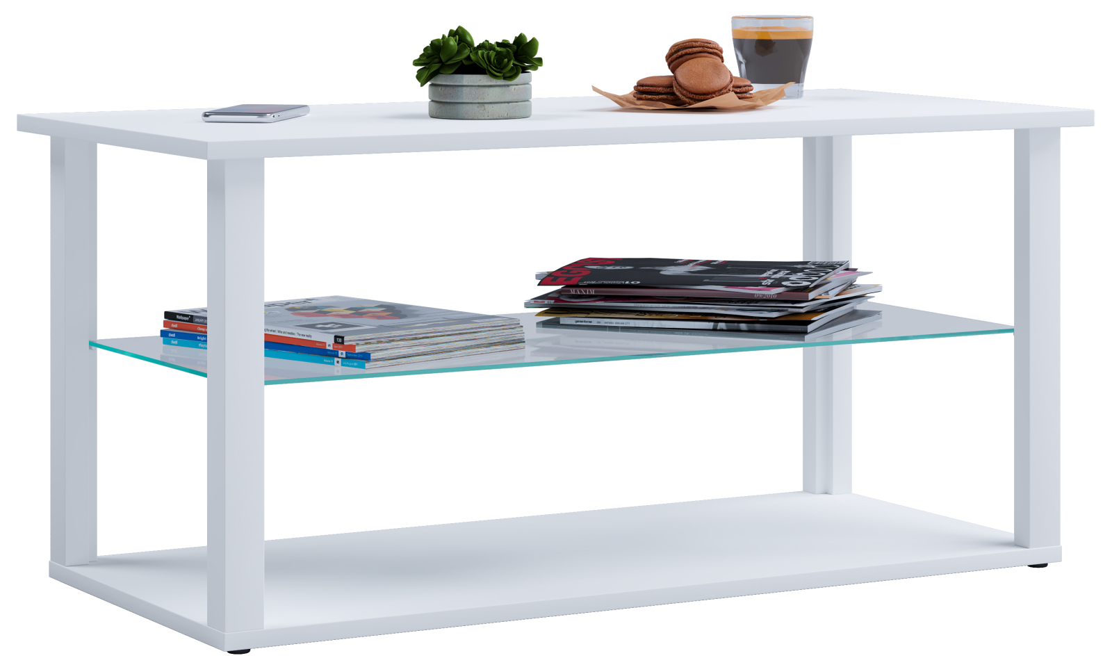Couchtisch WANILO L - weiß - Glasboden - 95x45 cm