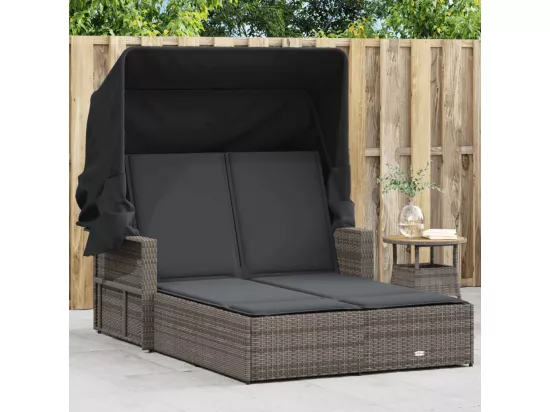 Chaise longue double et auvent et coussins gris résine tressée