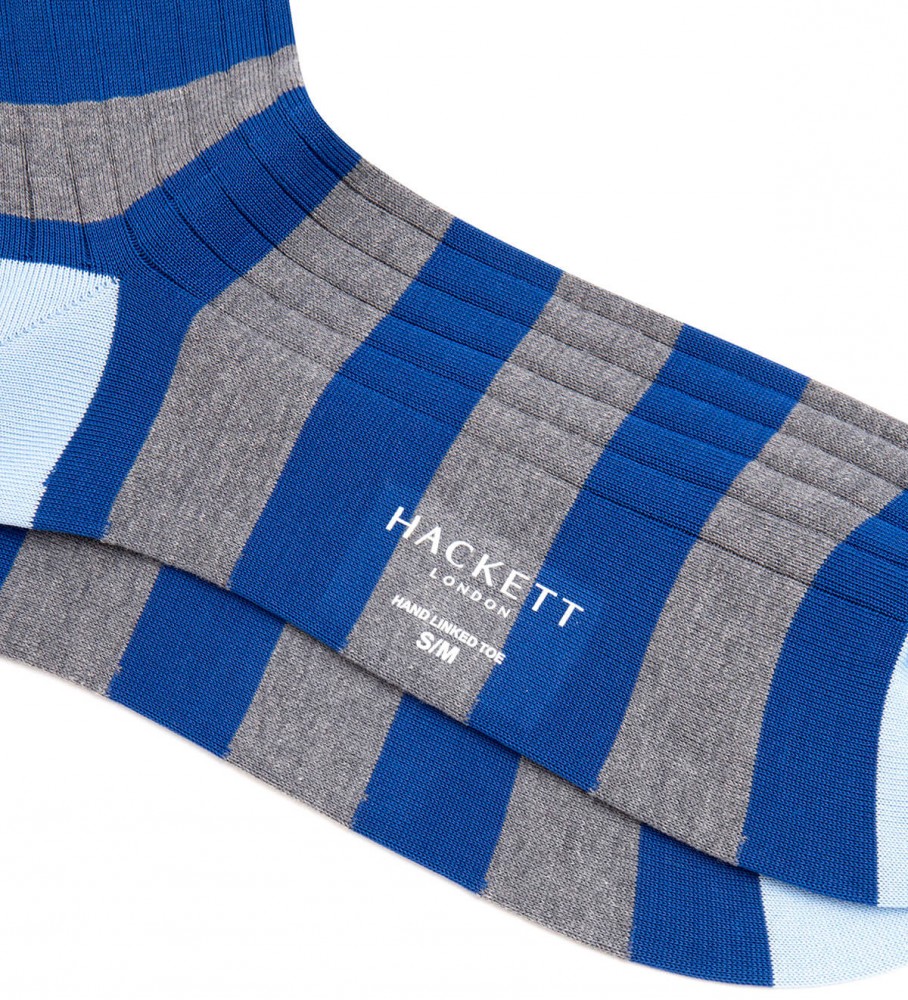 Meias de rugby Hackett, azul e cinza.