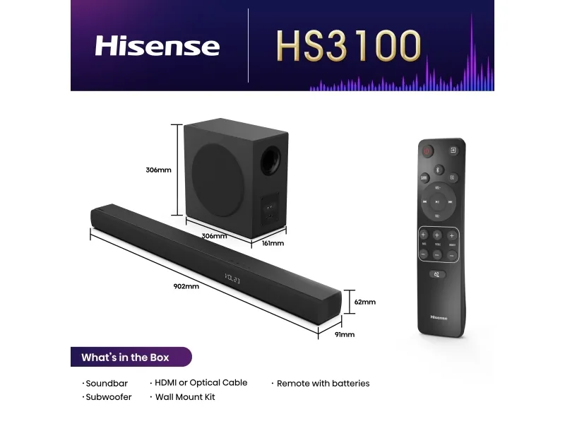 Hisense HS3100 - Lydbarsystem - til TV - 3.1.kanal - trådløs - Bluetooth