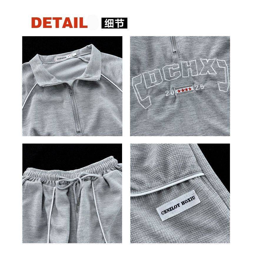Hushgrain - Set: Poloshirt met korte mouwen en rits en tekstprint + korte broek