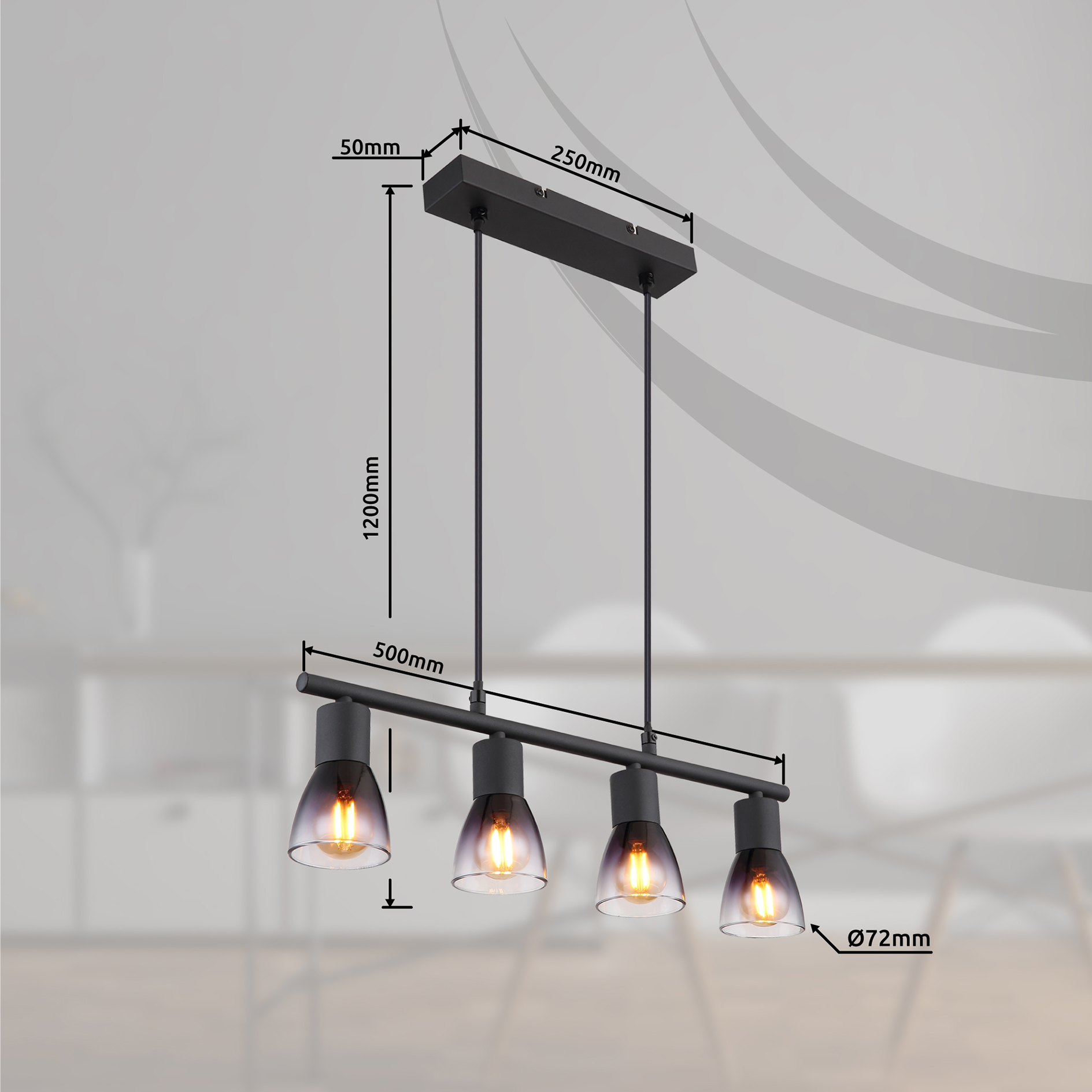 Pendelleuchte - schwarz matt - 4-flammig - 120 cm