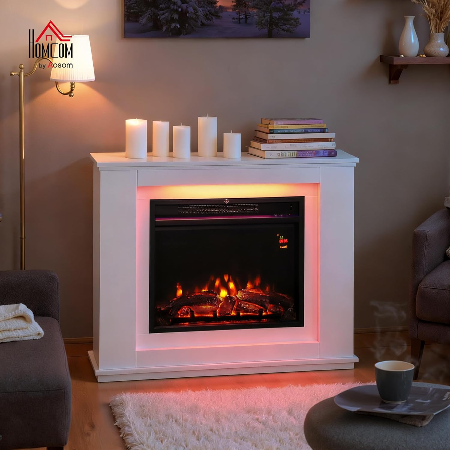 HOMCOM Elektrokamin mit Heizung, Elektrischer Kamin mit 12 Farbigen Flammeneffekten, 5 Helligkeitsstufen, 2000W Dekokamin mit 2 Leistungsstufen, Fernbedienung, Thermostat, Timer, Überhitzungsschutz