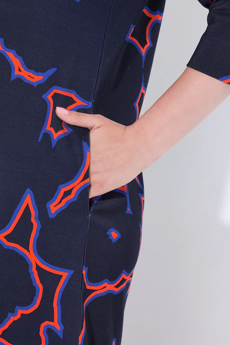 Punto-Kleid, Blüten, V-Ausschnitt, 3/4-Arm, Taschen, marine