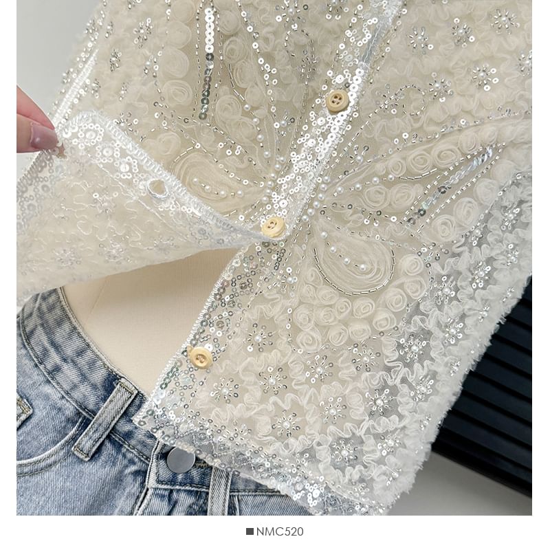 Lemongrass - Mesh vest met pailletten en knoopjes