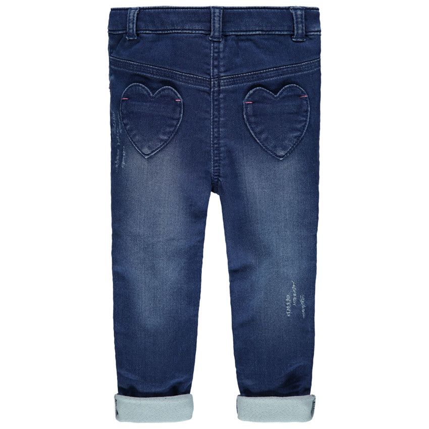 Jean effet used à détails brodés et poches forme coeur - Bleu moyen