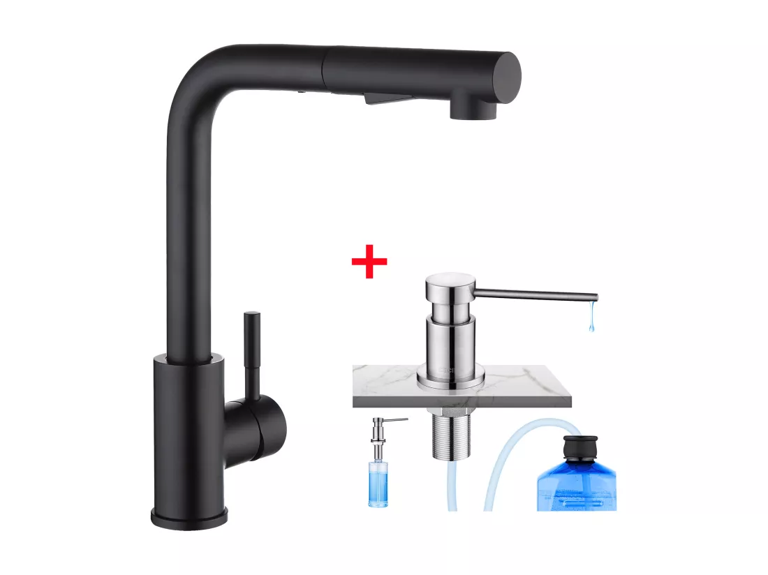 Cecipa max Mitigeur de Cuisine Noir avec Douchette Extractible + Distributeur de Savon de Cuisine Brossée