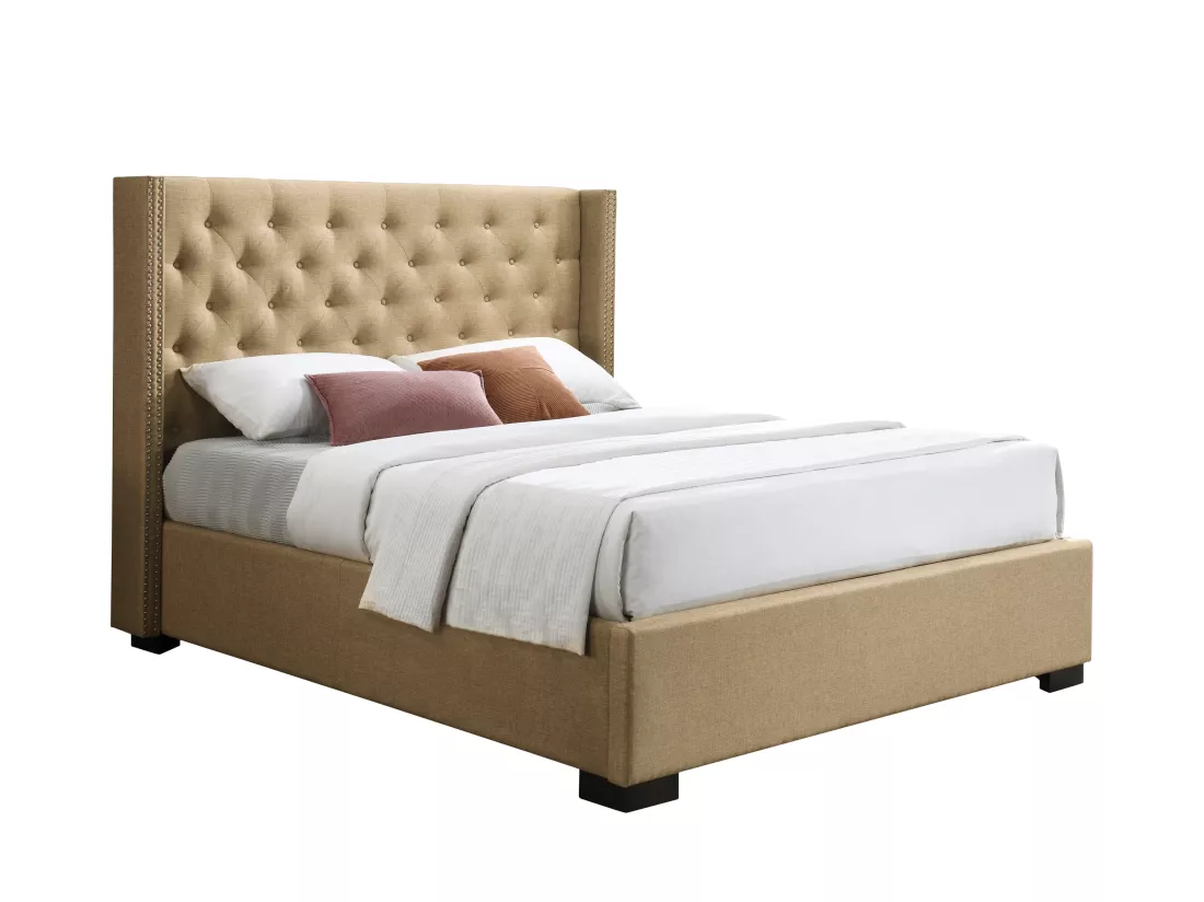 Lit coffre 180 x 200 cm avec tête de lit capitonnée - Tissu - Beige + Matelas - MASSIMO
