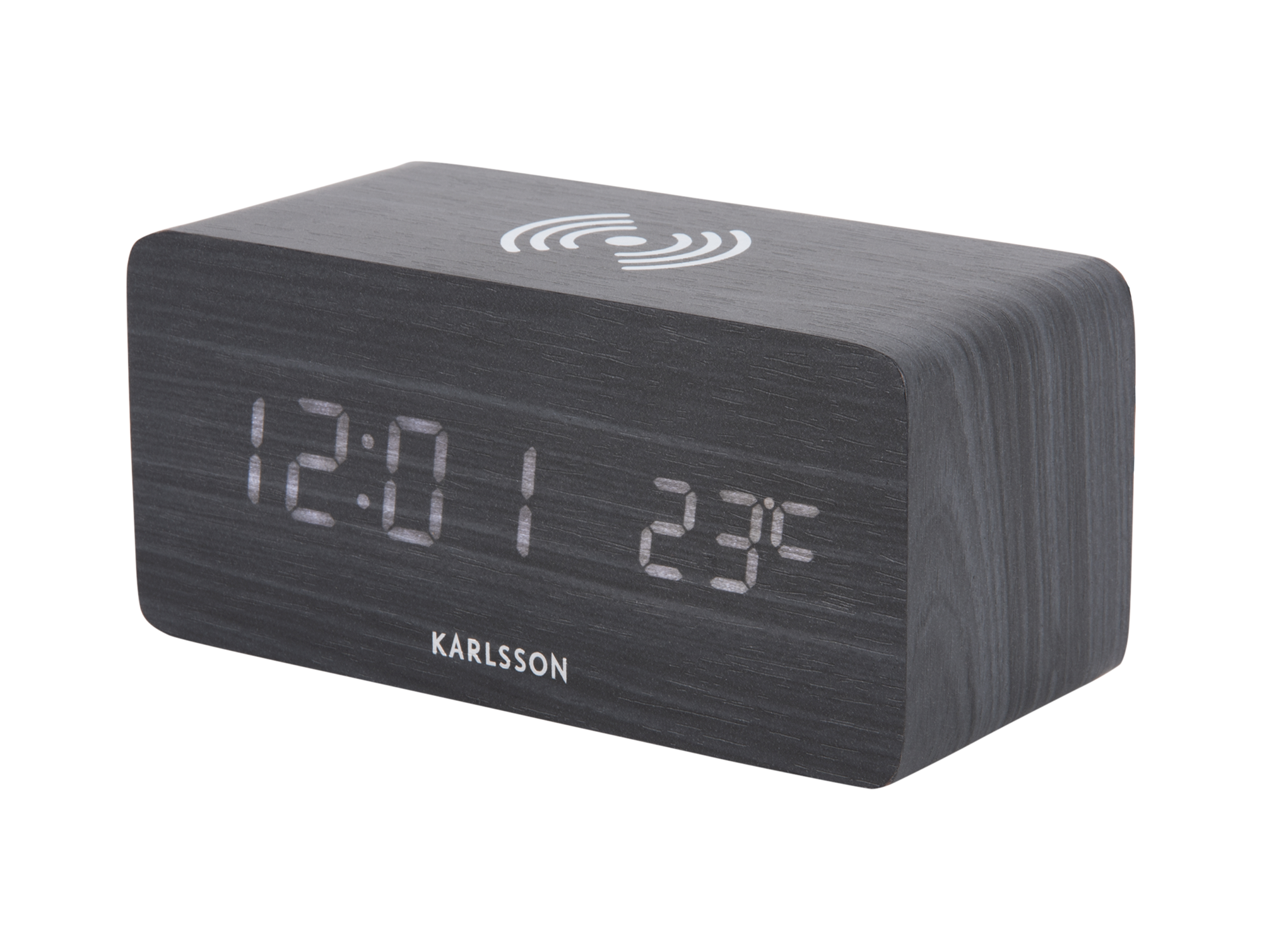 Alarm clock Block w. phone charger LED black veneer, white LED