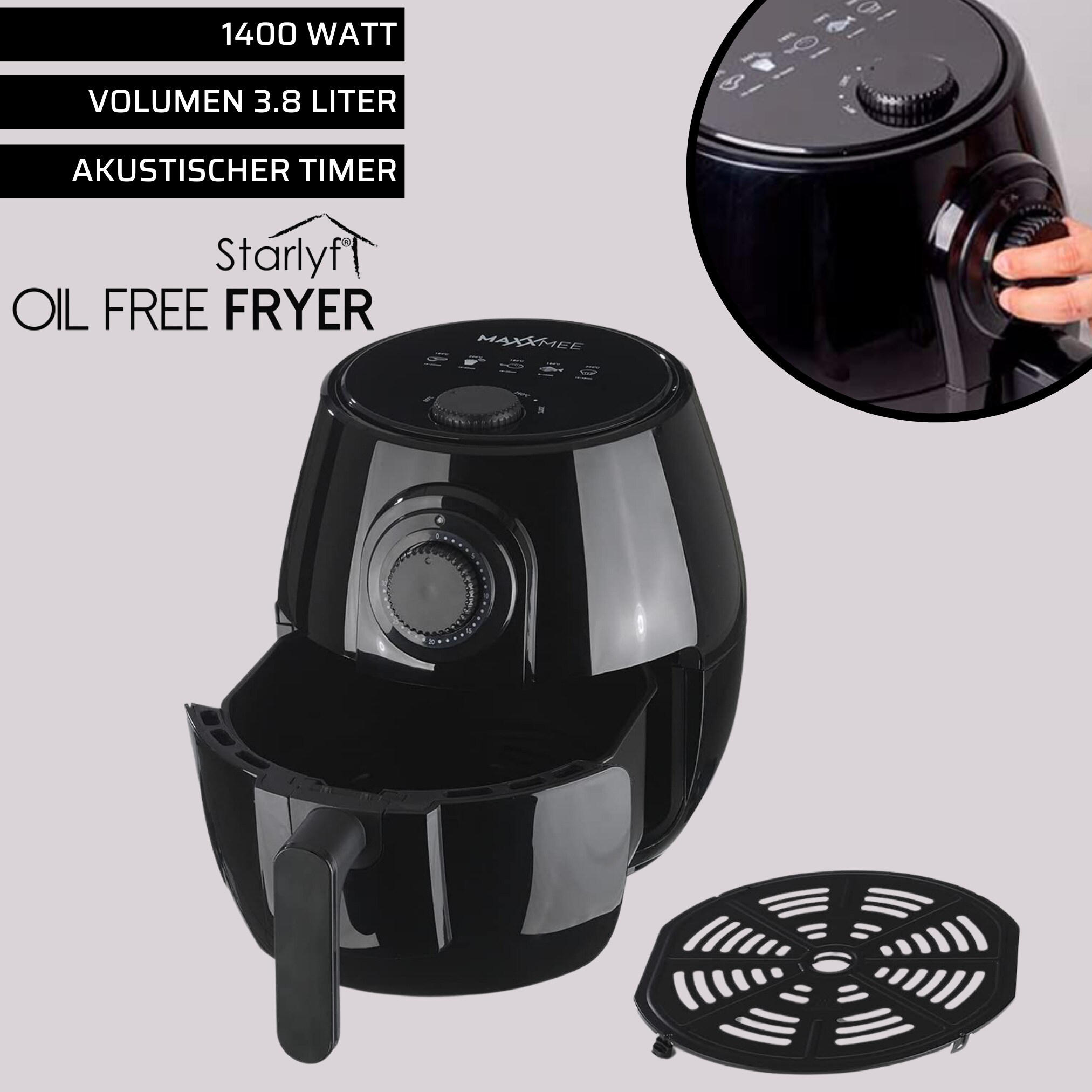 Starlyf® Heißluftfritteuse 3,8 Liter, Timer, spülmaschinenfest Oil Free Fryer