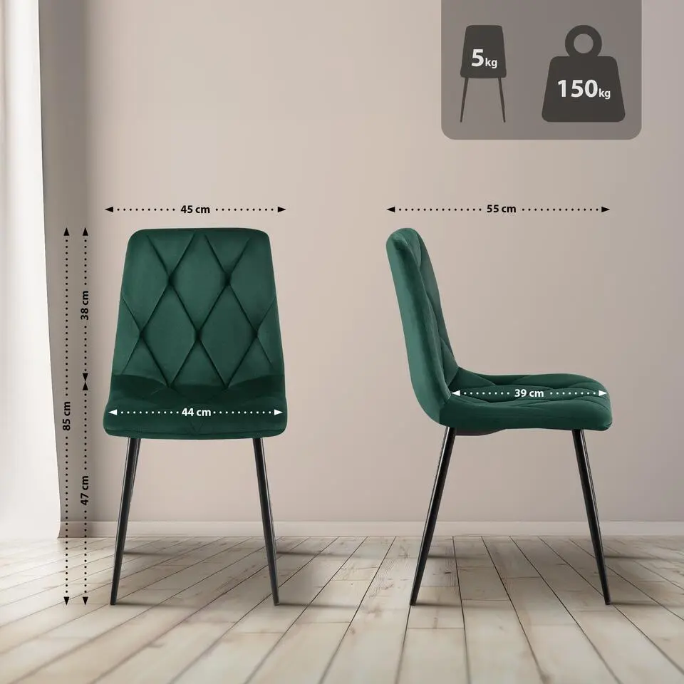CLP Set van 2 Eetkamerstoel Clairton zwart Frame - Fluweel - groen