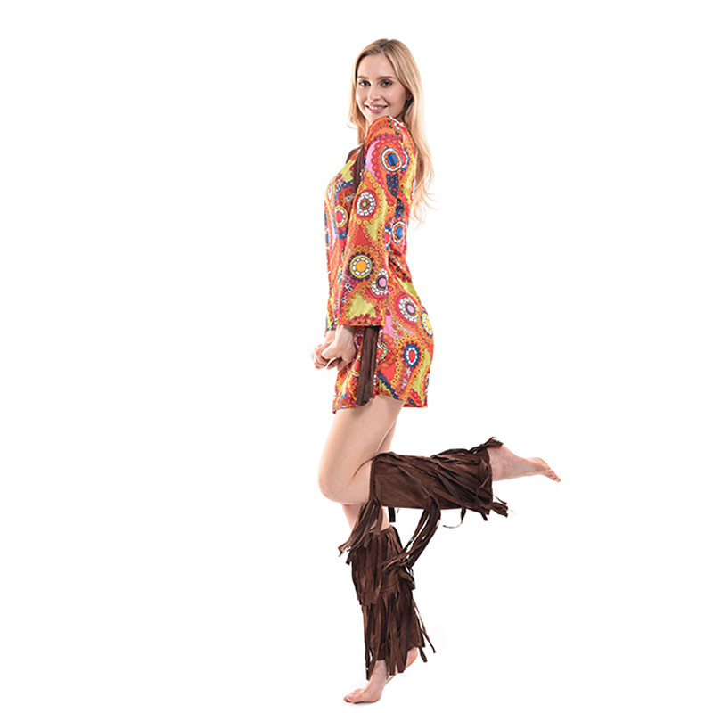 (155-165cm) Fasnachts Erwachsenen Kostüm Retro Hippie Kleid 70er Jahre Verkleidung für Motto Partys / Halloween inkl. Stulpen / Kopftuch - Bunt