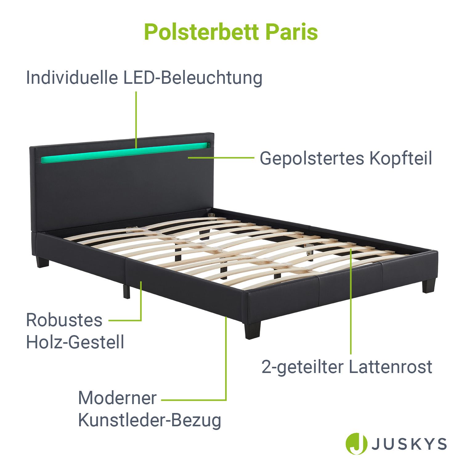 Juskys Polsterbett Paris 140 x 200 cm Einzelbett in schwarz mit Kaltschaummatratze