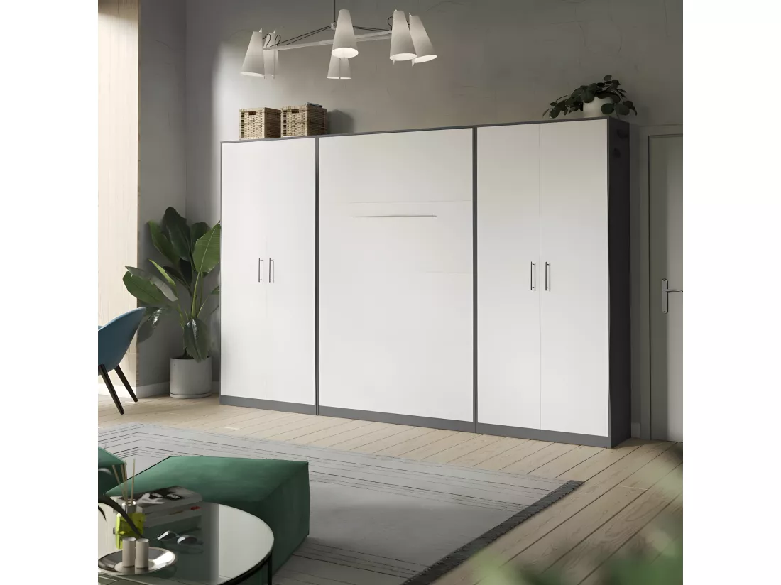 Lit escamotable +2 Placards Vertical 140x200+(100x2)cm Lit Rabattable Lit Mural Standard Anthracite/Blanc
