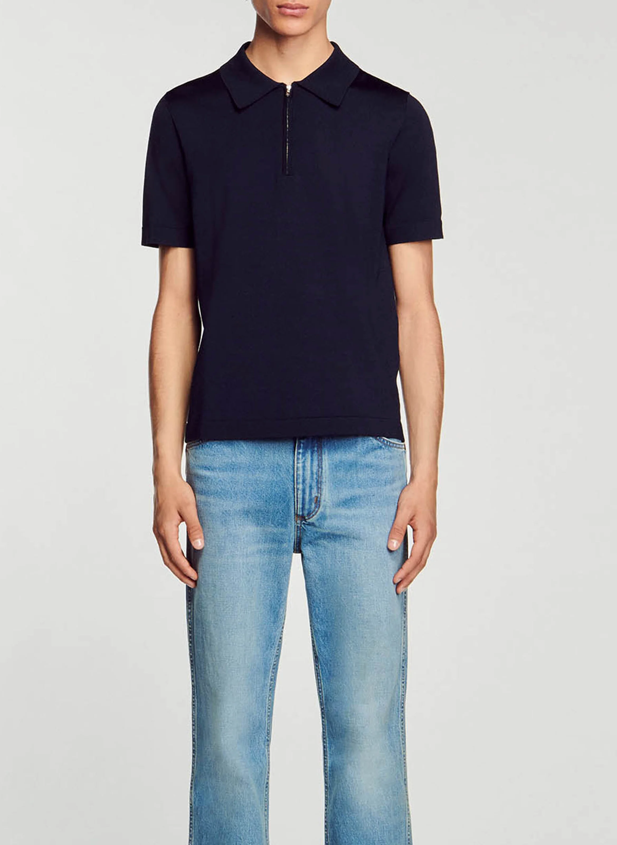 T-shirt manches courtes à col polo zippé | Bleu