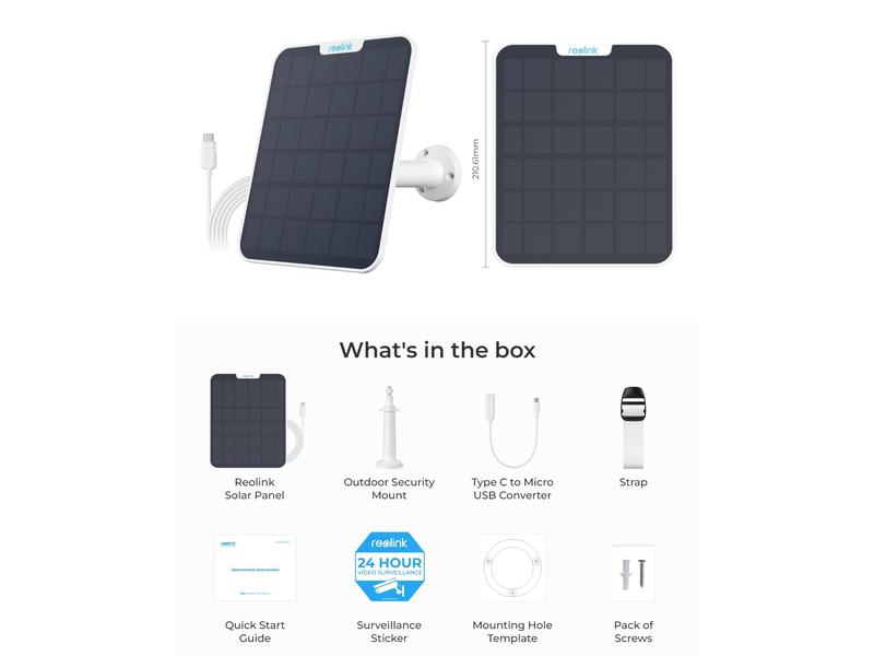 Reolink Zubehör Solarpanel 2 mit USB-C Anschluss Für alle Reolink Kameras mit Batterien sowie Micro-USB oder USB-C Anschluss, mit Zubehörteilen für die Montage – Weiss