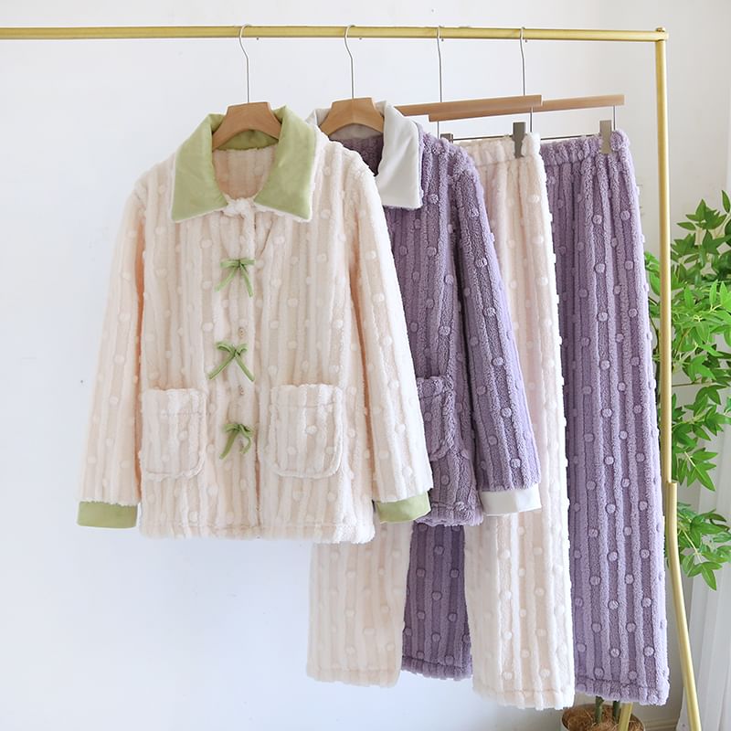 MelMount - Pyjamaset: Lange mouwen, kraag, tweekleurige strik, koraalkleurige fleece top met knopen + elastische tailleband en rechte pijpen