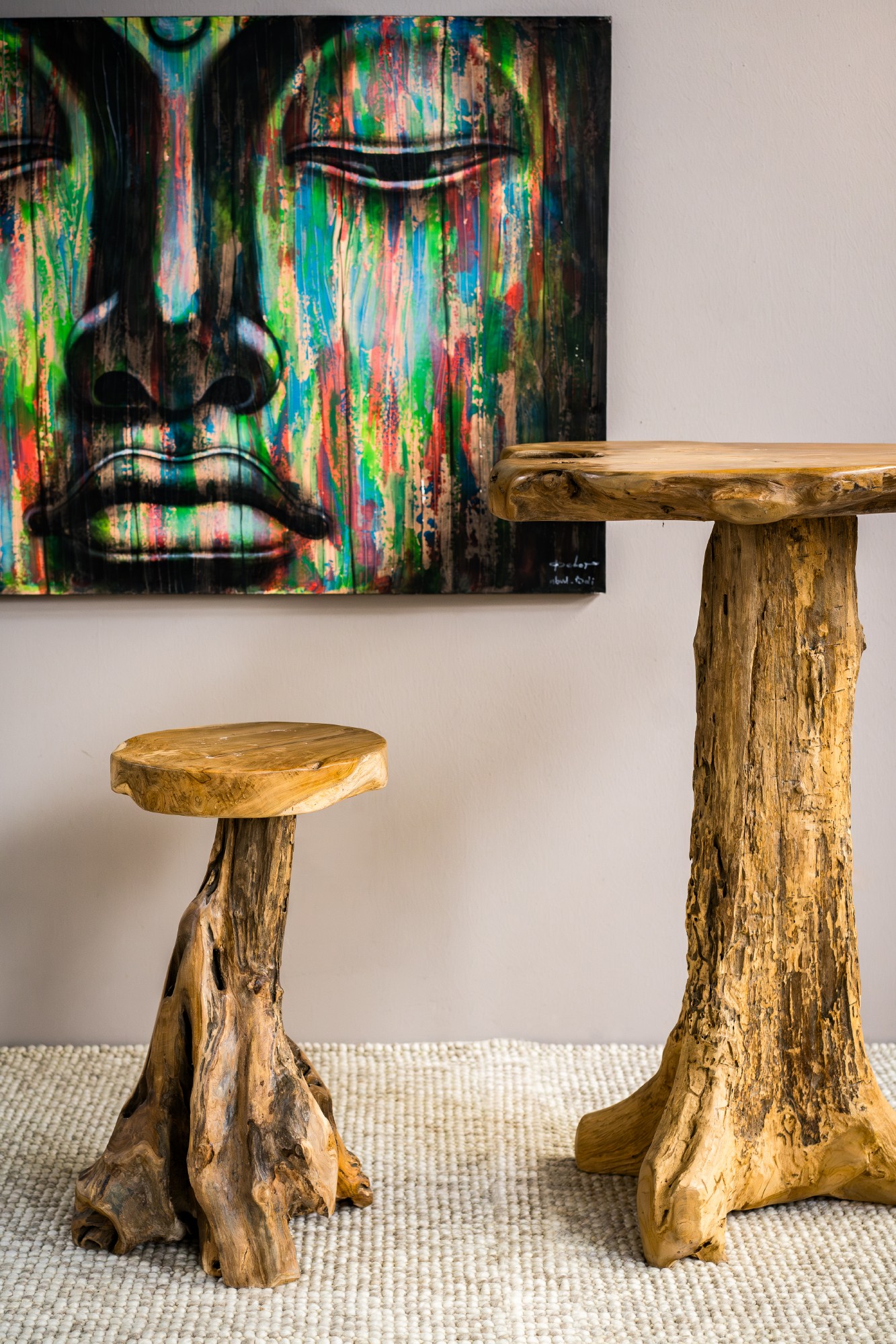Wurzelholz-Barhocker 'Primitive', Teak natur, H 75 cm, Ø 45 cm von fischer's lagerhaus