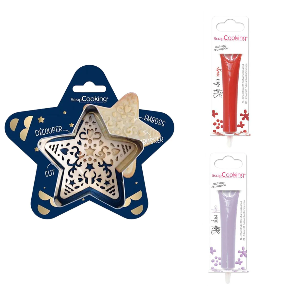 Kit pour biscuit en relief Étoile + 2 Stylos au chocolat rouge et lila