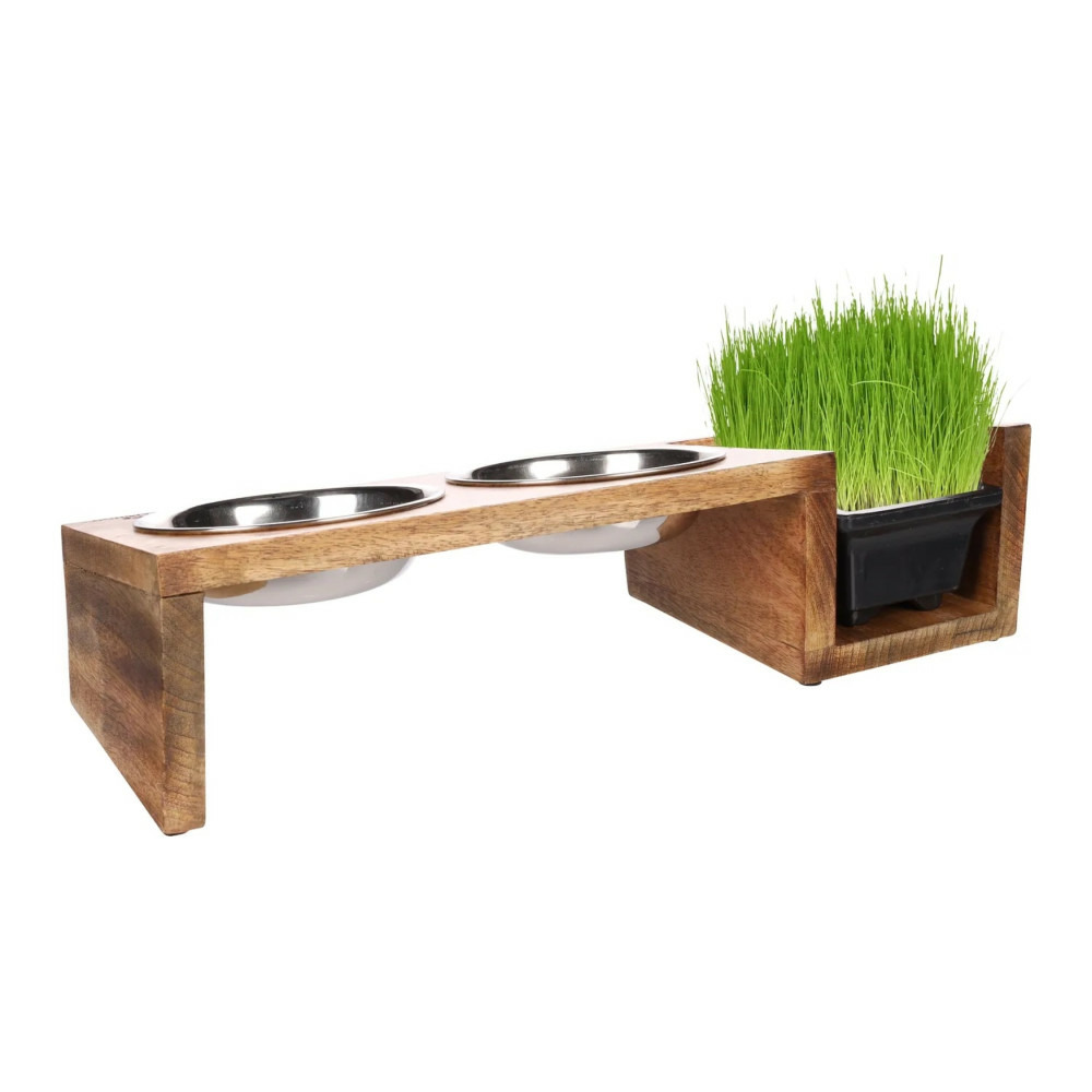 Gamelles avec support bois et bac pour herbe à chat, 42 cm, pour chat