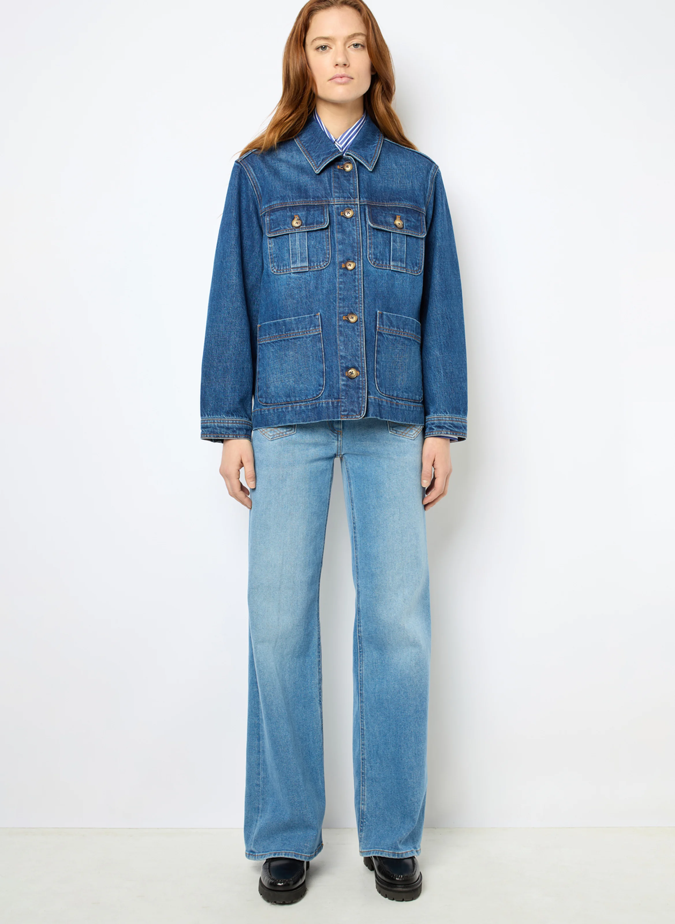 MARCELLINE - Veste droite col classique en coton | Bleu