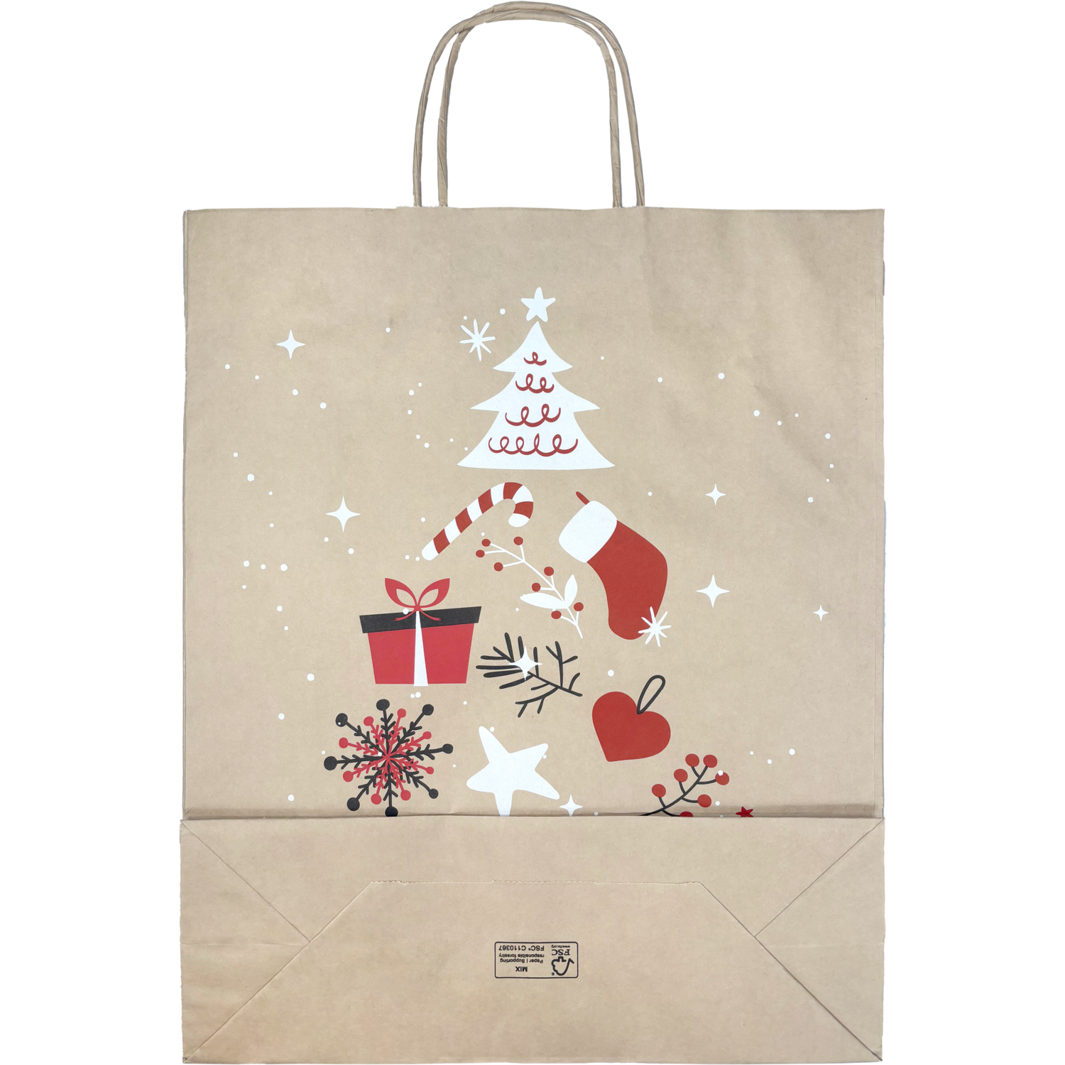 Tas, Boom, Papier, gedraaid papieren koord, 32x 12x41cm, draagtas, bruin/rood/wit/zwart