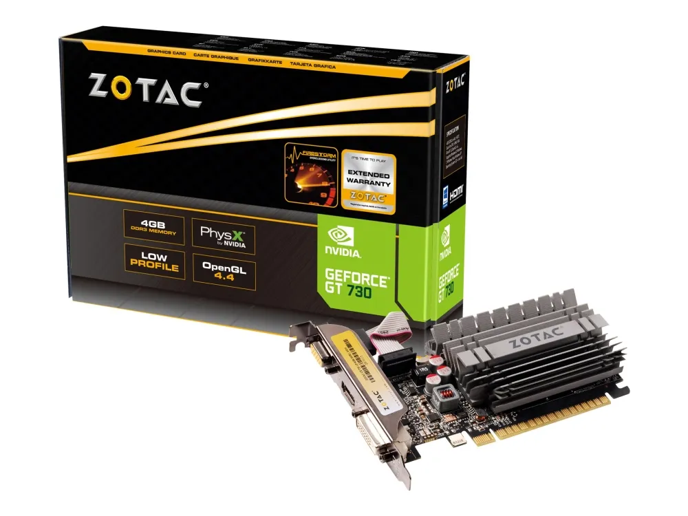 ZOTAC NVIDIA® GeForce® GT 730 - Grafikkort - GF GT 730 - 4 GB DDR3 - PCIe 2.0 x16 lavprofil - DVI, D-Sub, HDMI - blæserløs